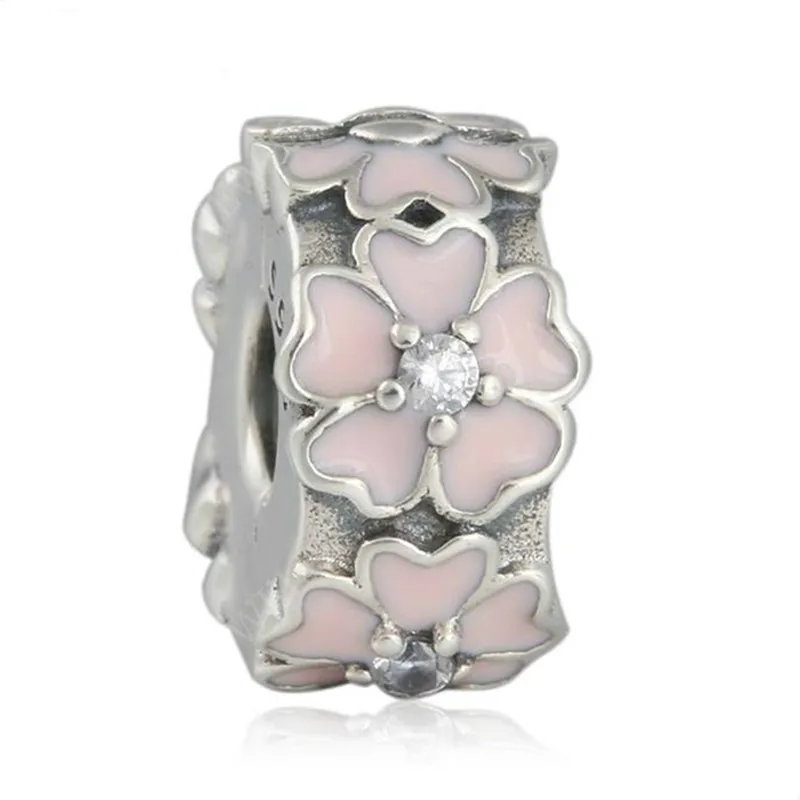 

New Spring Primrose Clip Charm Beads 925-Sterling-Silver Pink Enamel Flower Stopper Fit Pandora Bracelets Diy Fine Jewelry