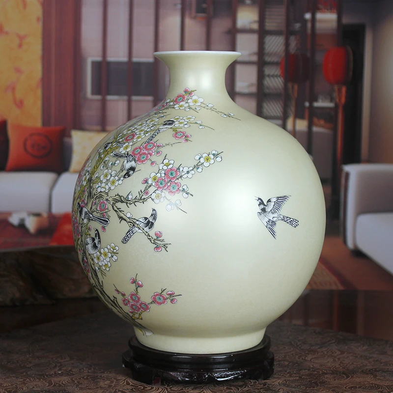 Керамическая ваза Jingdezhen для граната с цветами и птицами желтые Свадебные