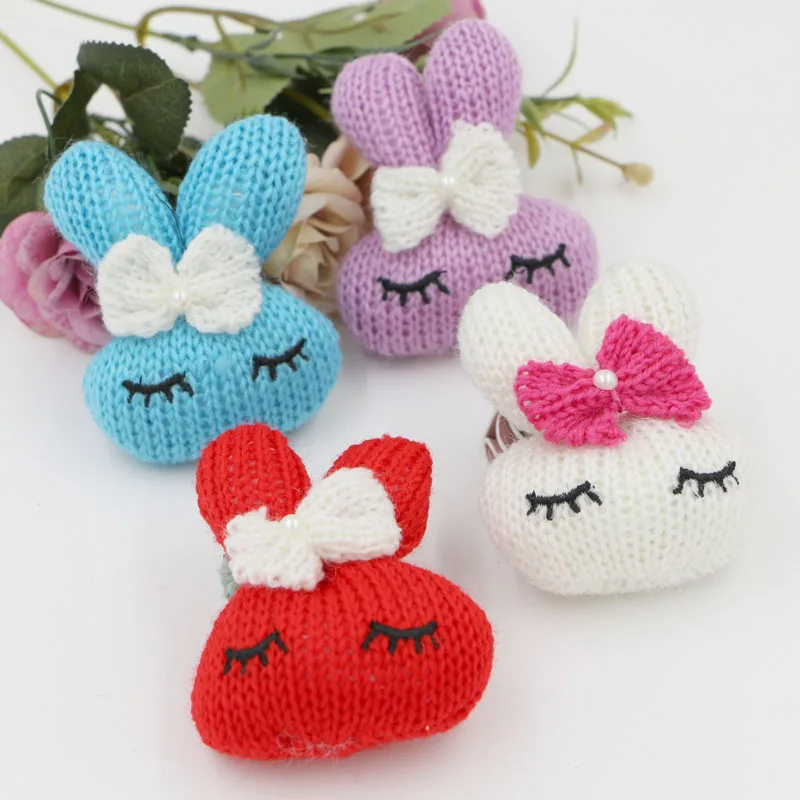 

New Design Pearls Bow Decoration Colorful Print Cartoon 3D Rabbits Heads Shape Handmade Woolen Animals Diy Jewelry Accessory