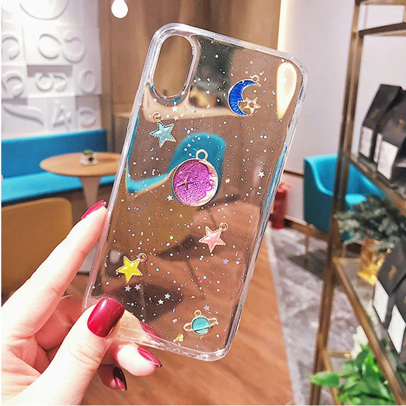 Черно-белый блестящий чехол из ТПУ со звездами и Луной для iPhone X прозрачный мягкий