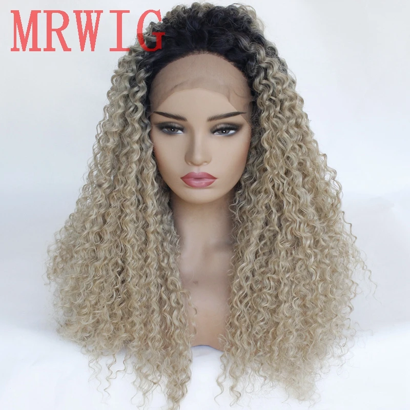 MRWIG короткие темные корни 1b#/27# смешанные#613 светлые волосы цвет длинные кудрявые вьющиеся синтетические волосы на кружеве парик