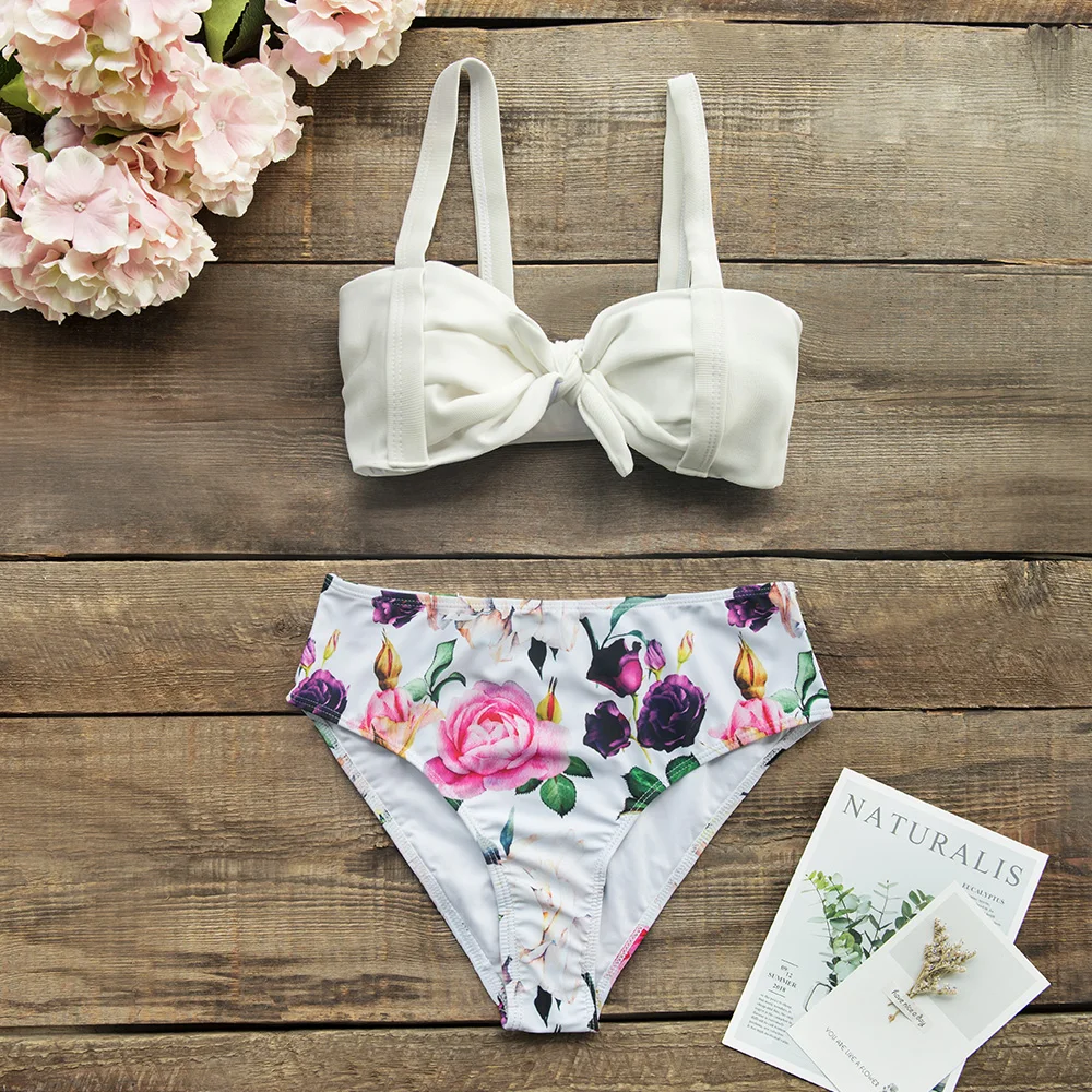 CUPSHE Solid White And Floral Front-Knot High-Waisted Bikini Sets Swimsuit Two Pieces Swimwear Women Beach Bathing Suits