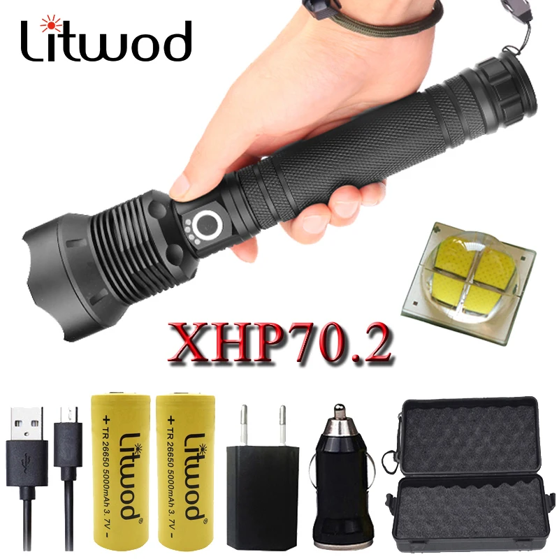 Litwod Z201282 50000 люмен лампа XHP70.2 мощный фонарик Micro USB Zoom СВЕТОДИОДНЫЙ Фонарь XM-L2 U3 18650 или 26650 батареи для кемпинга