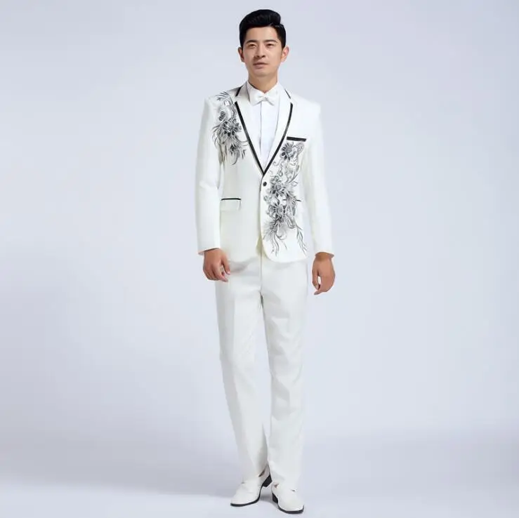 Бежевый Новый мужской костюм с вышивкой и бриллиантами модный роскошный тонкий