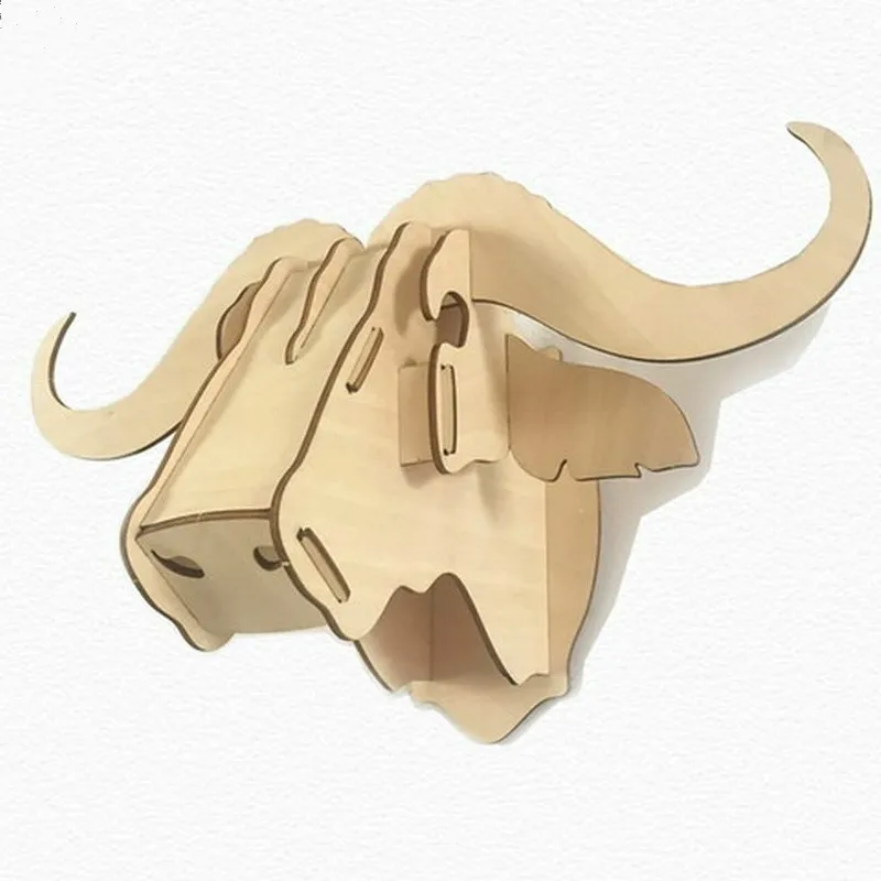 Cow 3D Деревянный Единорог голова крюк на стену сборка головоломки набор фанеры голова животного для домашнего декора mdf изделия Искусство украшения стены - Цвет: Cow