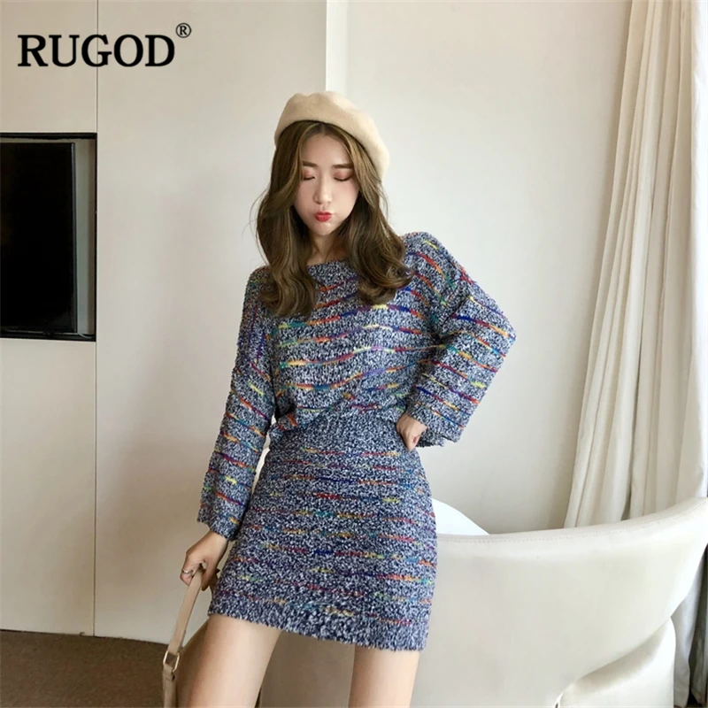 RUGOD 2018 осень зима вязаная юбка костюмы Для женщин Мода красочные свитер + карандаш