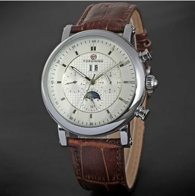 Мужские наручные часы Forsining автоматические круглые из натуральной кожи с