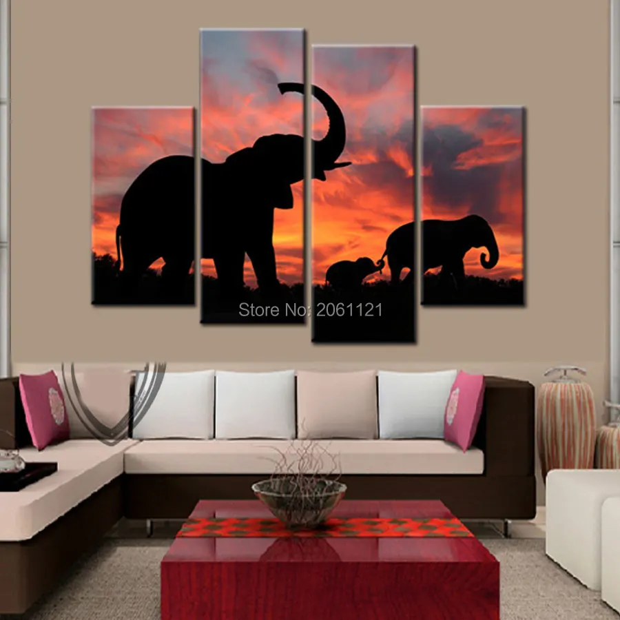 

Modern Oil Painting On Canvas African animal wall decor black elephants family paintings free shipping 4 panel wall arts