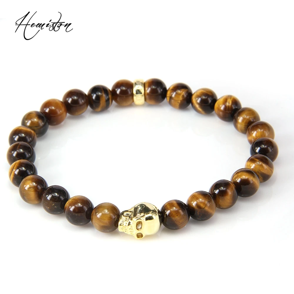 Эластичный браслет Thomas GOLD SKULL AND TIGER'S EYE с бусинами украшения для мужчин