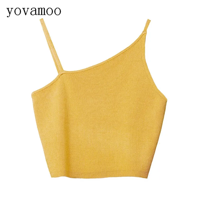 

Yovamoo Summer New Irregular Spaghetti Strap Short Design Vest Knitted Sexy Slim Bottoming Shirt Female Crop Top