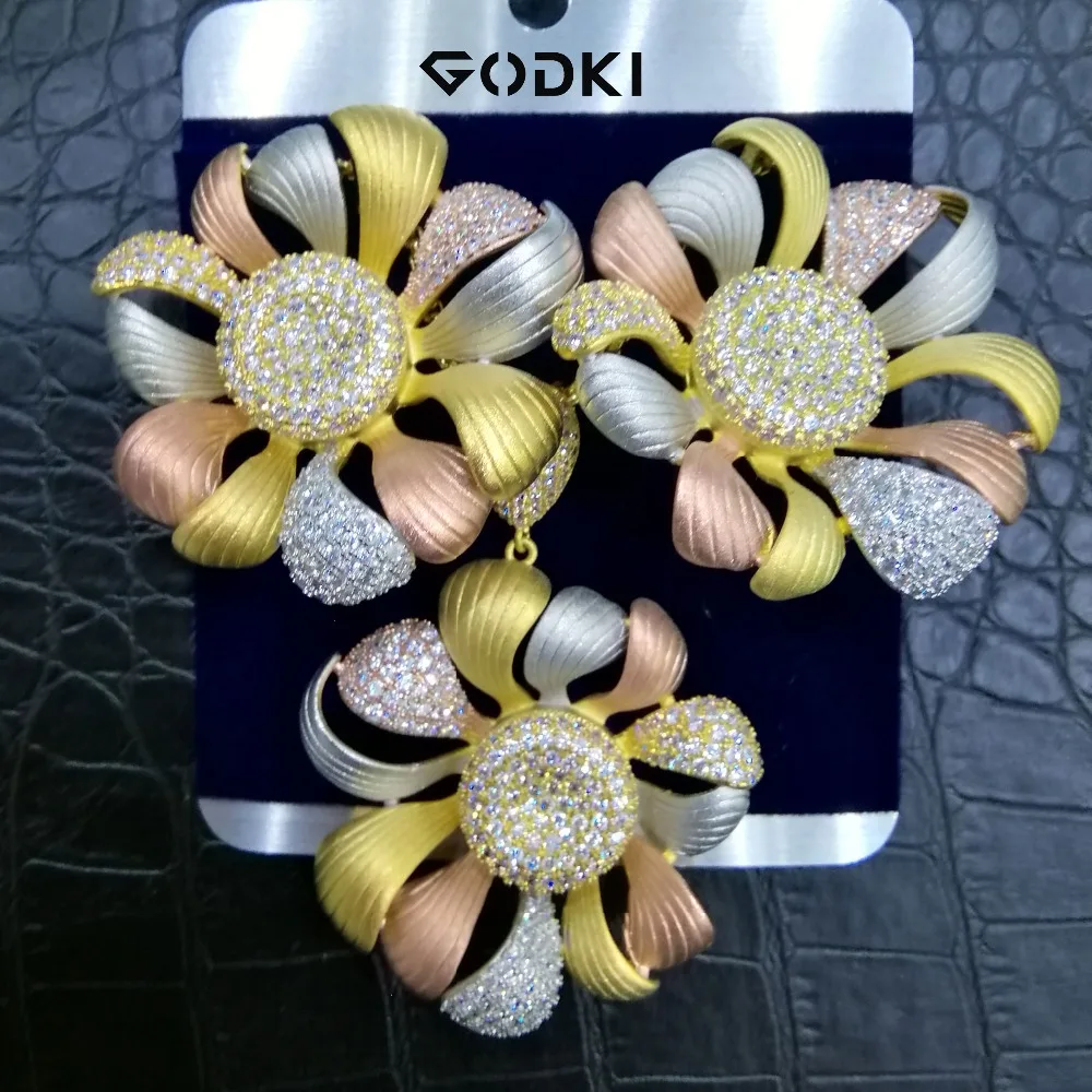 

GODKI Luxury Exclusive 3 Tone Flower Luxury Women Wedding Naija Bridal Cubic Zirconia Necklace Earring Dubai High Jewelry Sets