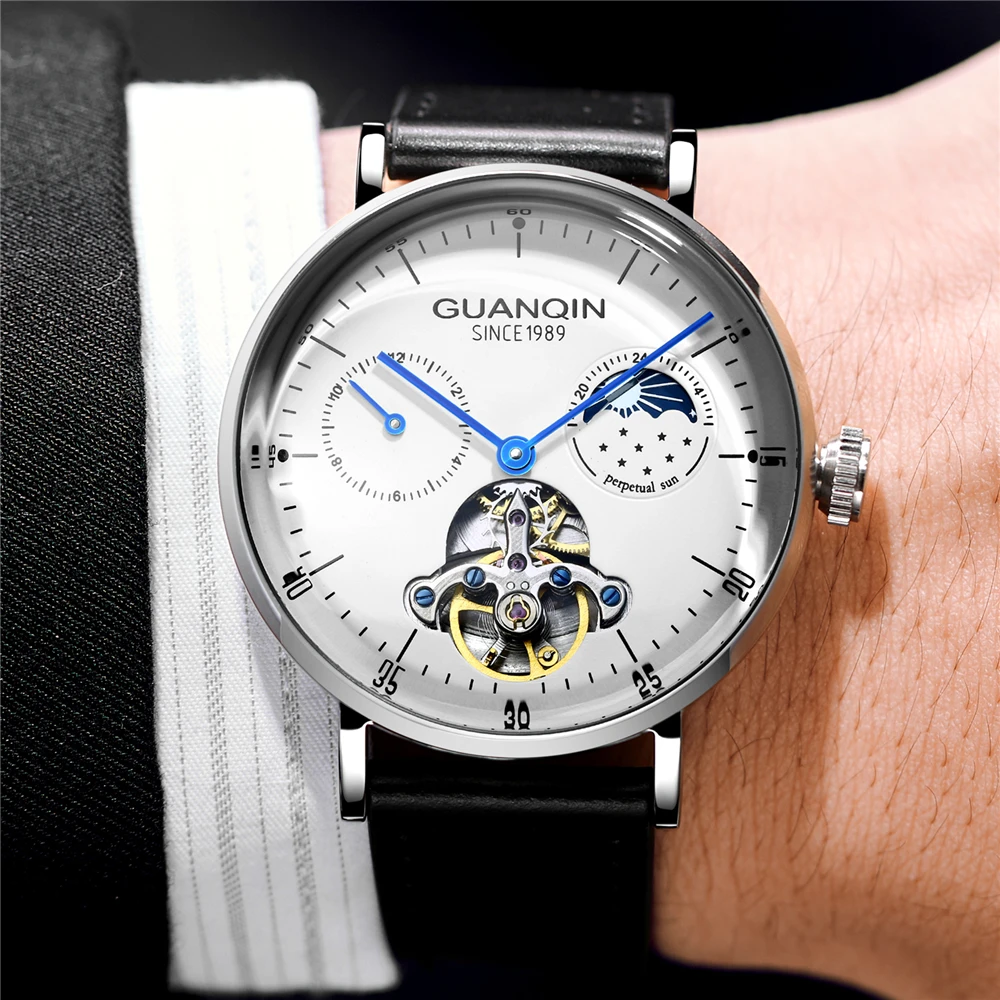 Часы GUANQIN Tourbillon Мужские автоматические механические деловые Роскошные кожаные