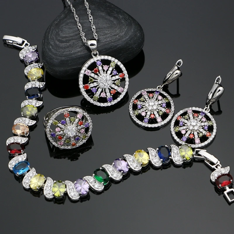 

Bride Silver 925 Jewelry Sets Natural Multicolor Cubic Zirconia Decoration Earrings For Women Wedding Necklace Set 4pcs