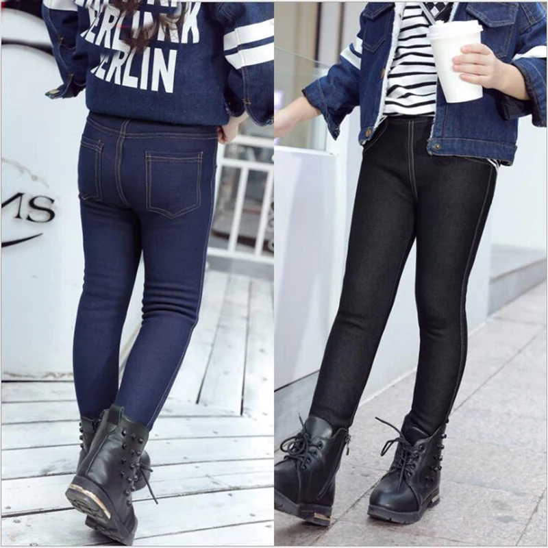 Зимние детские джинсовые штаны с имитацией Эластичные леггинсы для девочек