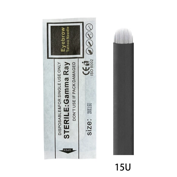 15U 100 шт. 0,20 мм Laminas Tebori Flex Microblading 15 16 18 U форма иглы татуировки для постоянного макияжа бровей лезвия ручка-держатель игл - Габаритные размеры: 15U