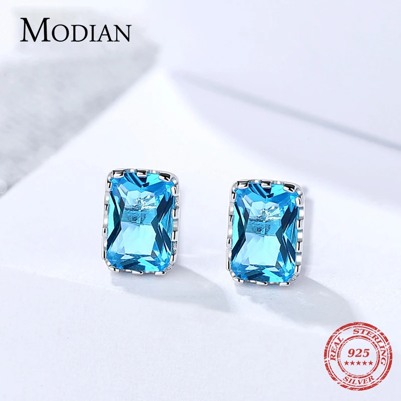 Modian Роскошные 100% 925 стерлингового серебра прямоугольник синего цвета со стразами