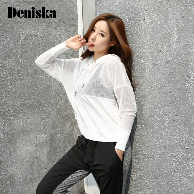 DENISKA 2018 Casual Women's hoodie Long Sleeve solid color white black mesh shirt female winter hoodies | Женская одежда