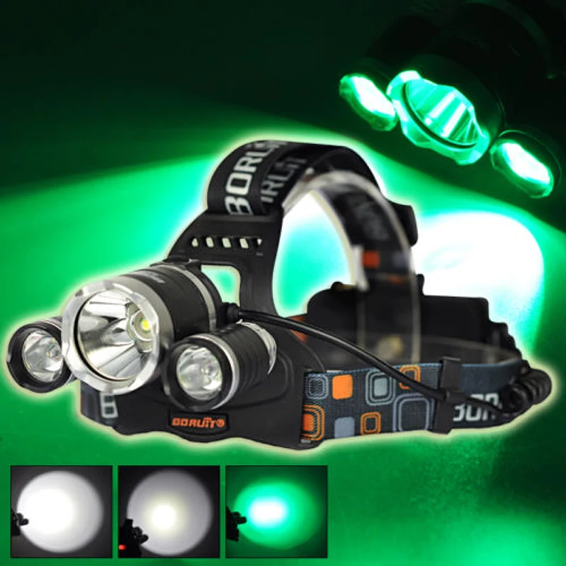 BORUIT 5000LM 3x XM-L T6 белый + 2R2 зеленый светодиодный 18650 налобный фонарь Головной для