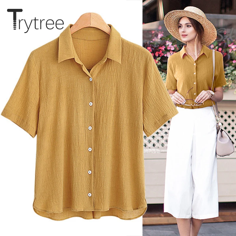 Trytree 2018 Летняя женская блузка Повседневная полиэфирная рубашка с отложным