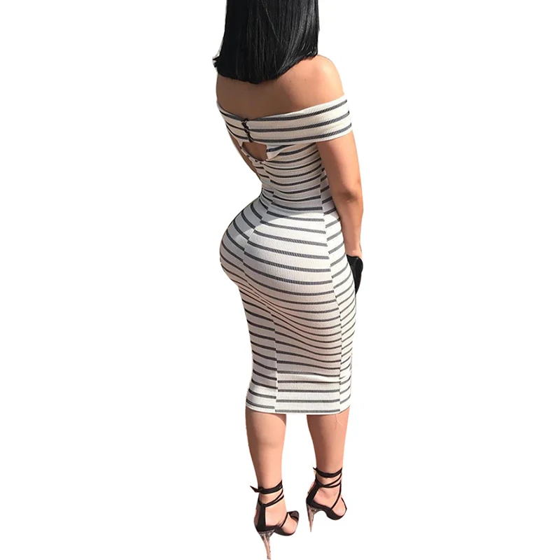Женское винтажное платье-футляр с открытыми плечами в полоску | Женская одежда