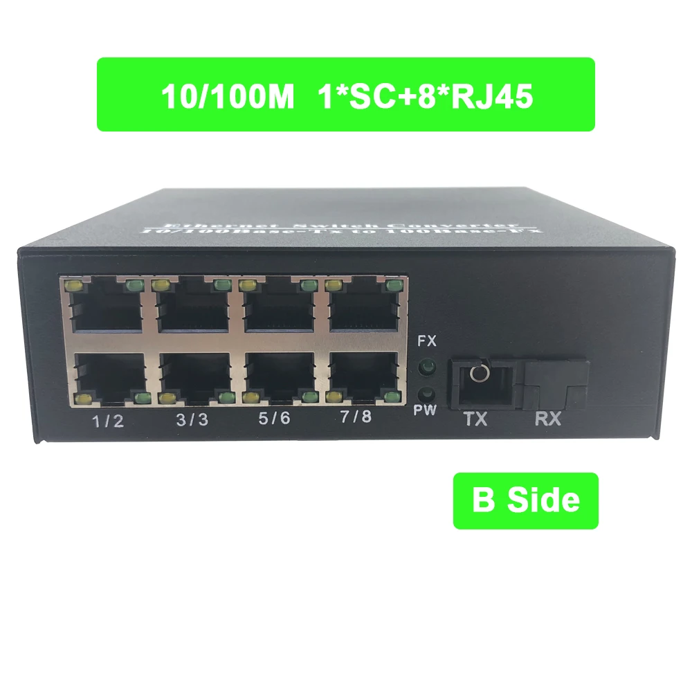 Одноволоконный порт 10/100 м 1550 нм 8 портов ethernet Волоконный коммутатор RJ45 20 км