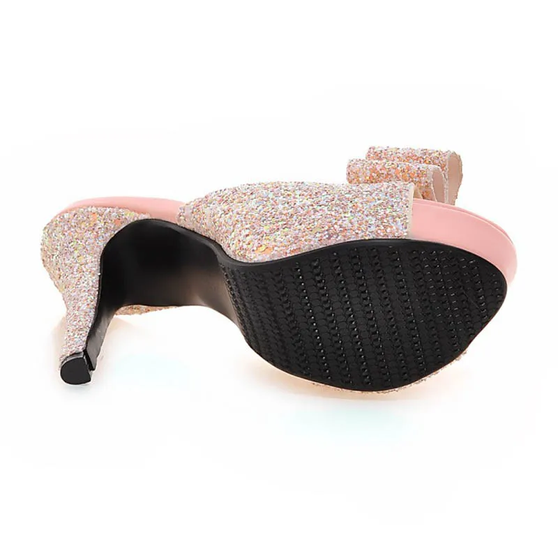 Женские босоножки на высоком каблуке с бантиком Новинка 2018 года Летние блестящие