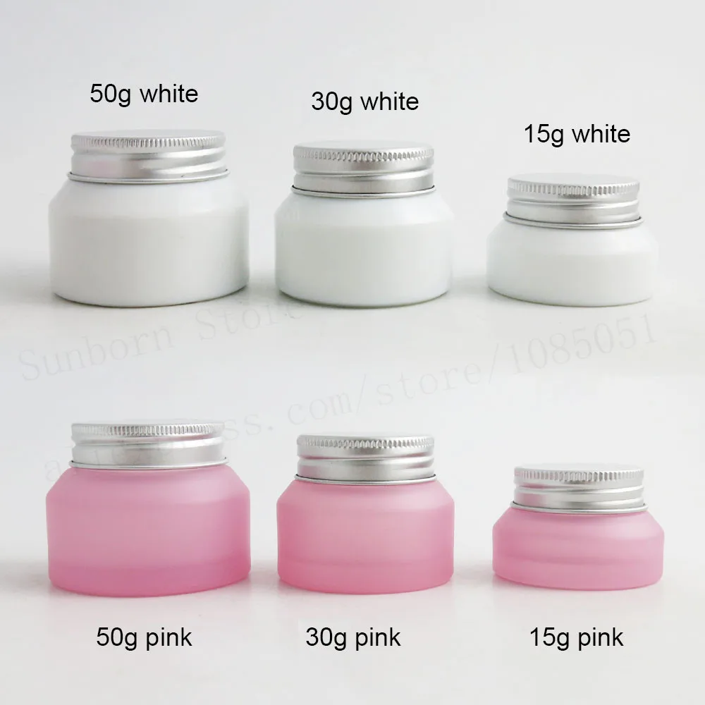 

15G/30G/50G 500 x Pink White Glass Refillable Cosmetic Jar Empty Face Cream Lip Balm Storage Container Pot Bottle Silver Cap