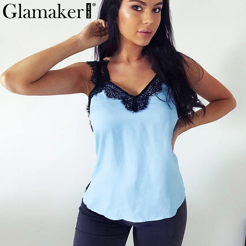 Женский Атласный топ с кружевом Glamaker белый прозрачный v образным вырезом летний