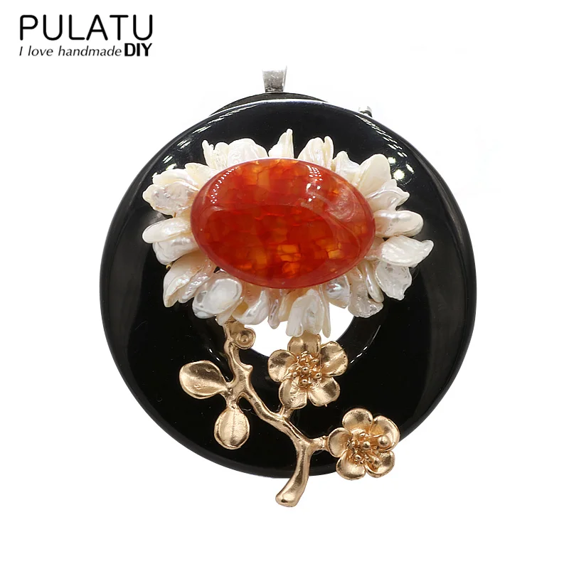 Pulatu ручной работы гирлянды жемчужина Броши модные женские туфли Jewelry Натуральный камень кулон цветок Свадебная брошь Шпильки - Окраска металла: Red