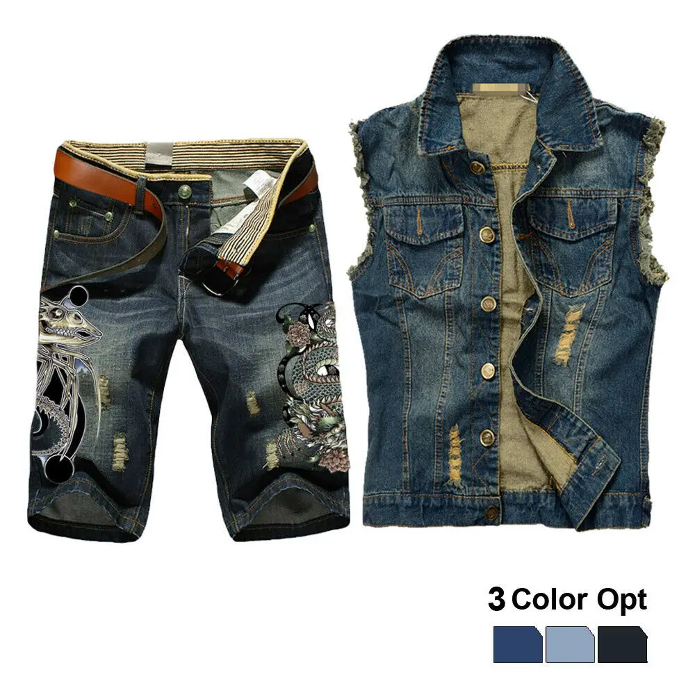 Мужской джинсовый комплект с жилетом рваный облегающий топ в стиле ретро