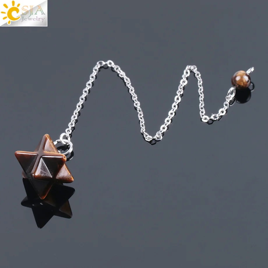 Tiger Eye CSJA натуральный драгоценный камень Merkabah маятники для придавая гадания Wicca чакра рейки розовый кристалл лазурит оникс кулон F055 - Окраска металла: Tiger Eye