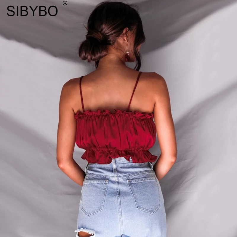 Женский укороченный топ с открытой спиной Sibybo, камисоль без рукавов, облегающая короткая майка с открытыми плечами, плиссированные топы для лета