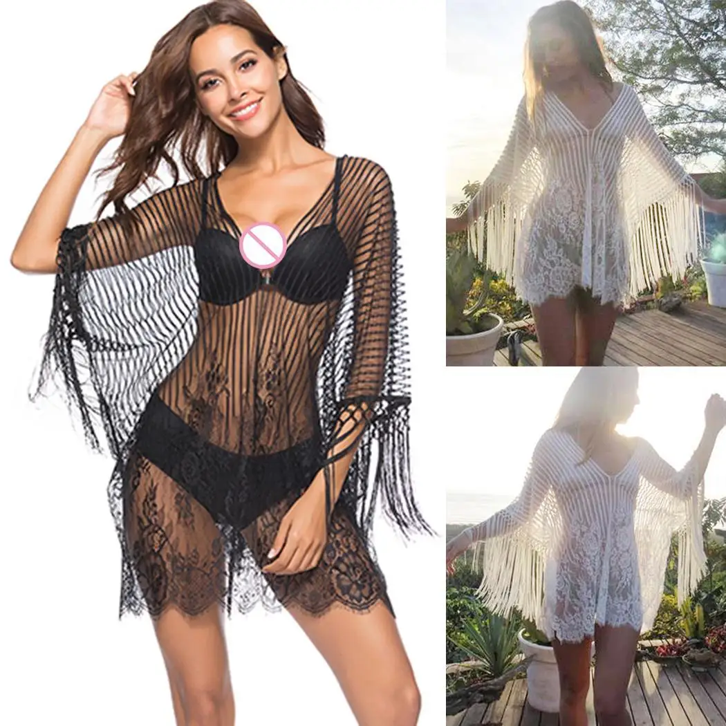 New Fashion Women Beach See Through Floral Bikini Cover Loose Up Regular V-neck Long Sleeve Tassel |