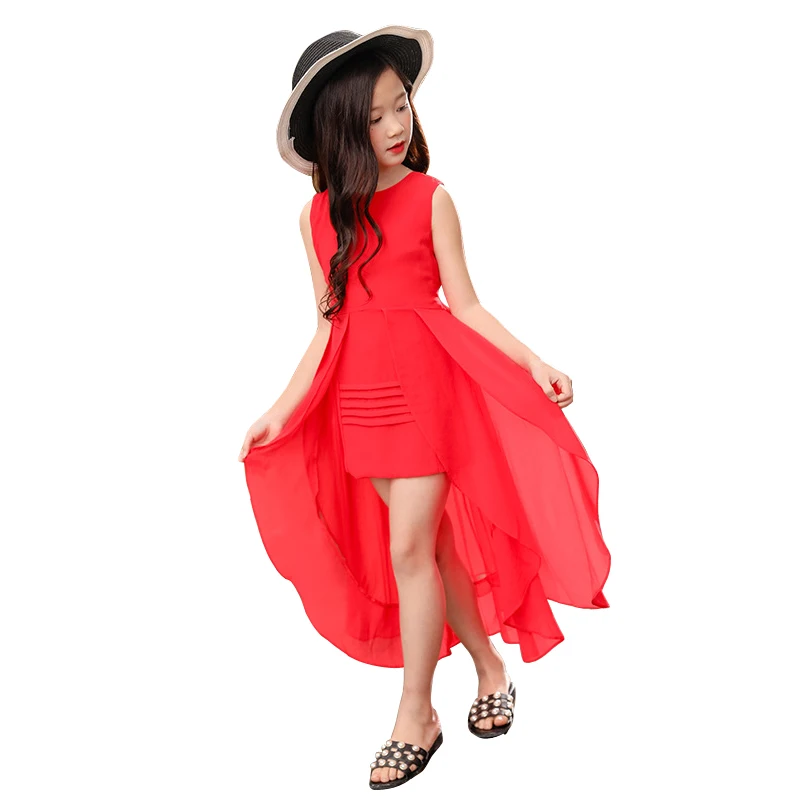 

summer irregular long dress for 4 - 12 yrs teenage girl chiffon elegant party gown korean new little girls red pink dresses 2019