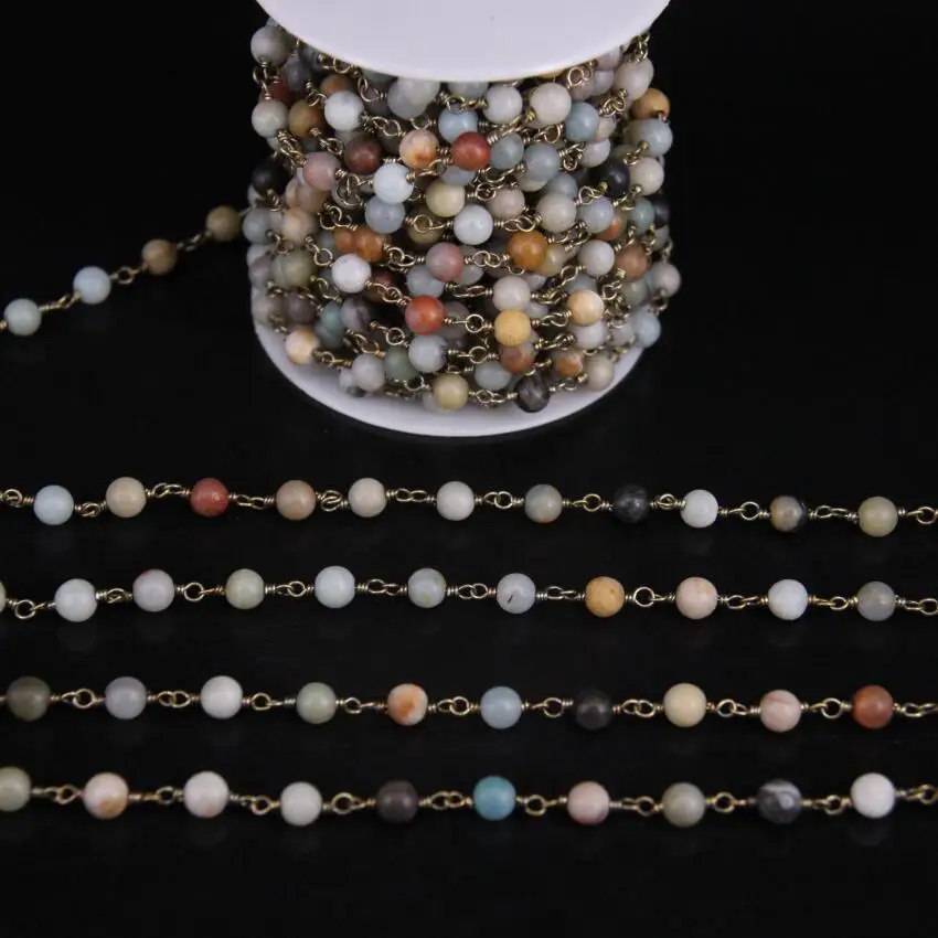

5Meter/lot,Mixed Amazonite Round bead Link Copper Chain,Natural Amazon stone With Brass Wire Wrapped Rosary Chains