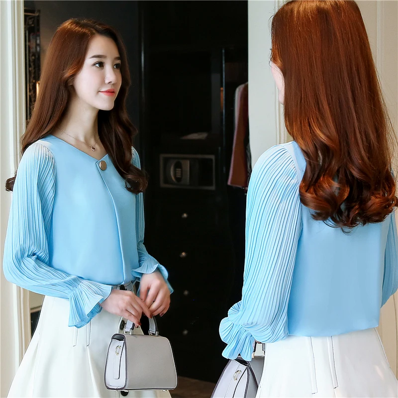 Новинка 2018 плиссированная шифоновая блузка с рукавами лепестками женская одежда