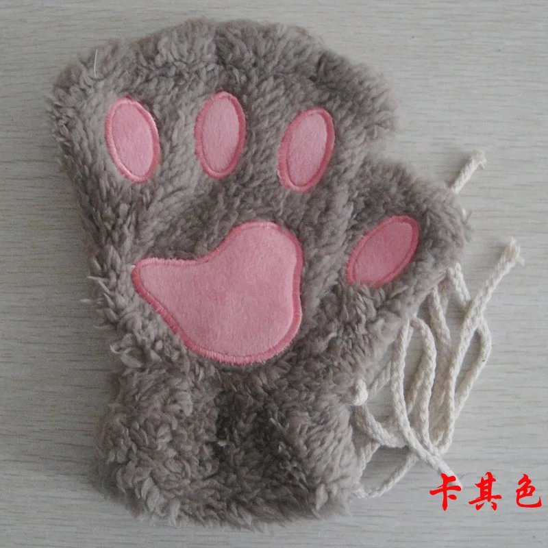 Winter cute cartoon cat girl mitt thickening fluff bear paw half finger gloves G22 - Цвет: Khaki