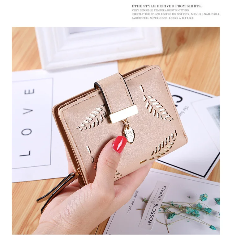 New Women Wallets Short Wallet Ladies Zipper Buckle Hollow Leaf Purse Wallet Female Women Zipper Purse Card Holder Cartera Mujer