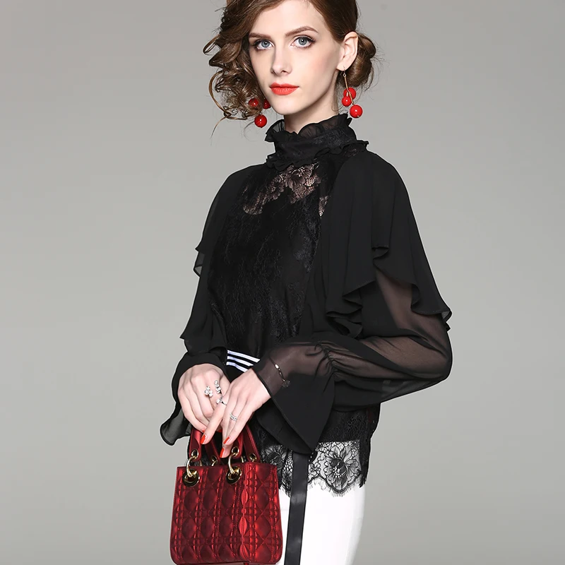 Sexy Perspective Falbala Ladies Blouse Lace Patchwork Ruffled Lantern Sleeve Pure Color Women C594 | Женская одежда