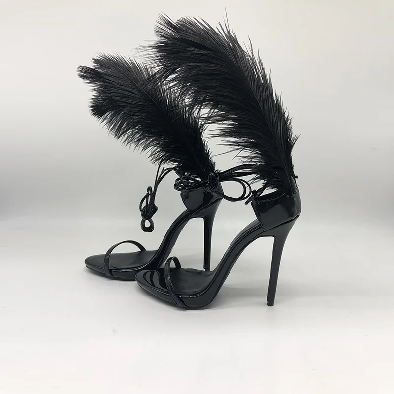 Stylesowner лодыжки ремешками Длинные перо леди T-show Летняя обувь сандалии шикарные сексуальные с острым открытым носком вечерние туфли Мех танцевальные сандалии