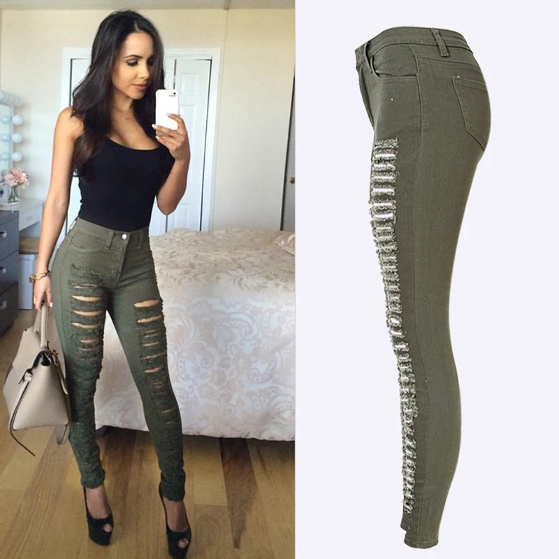 2020 Winter High Waist Ripped Jeans Denim Green Army Military Boyfriend For Womens Lady Skinny Jean Camouflage Pants | Женская одежда