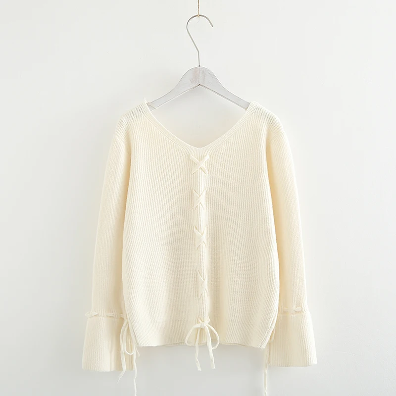 Autumn New Pure Color V-neck Pullover Sweater Women Casual Knitwear Lace Up Flare Sleeve Knitted Chandail Femme Top Coat | Женская