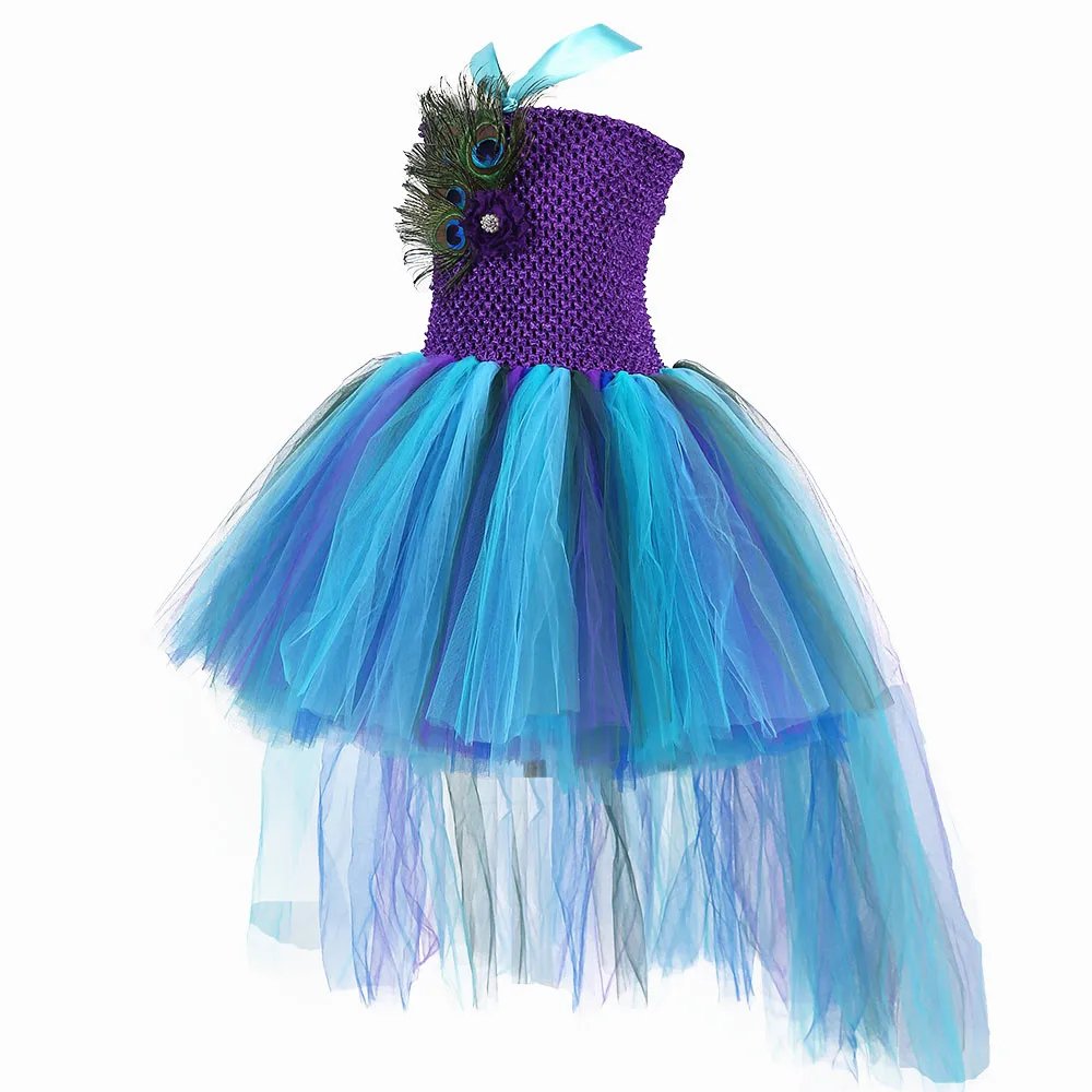 

Princess Peacock Party Tutu Trailing Dress For Girls Handmade Peacock Feather Girls Ball Gown Dresses For Photo props Birthday