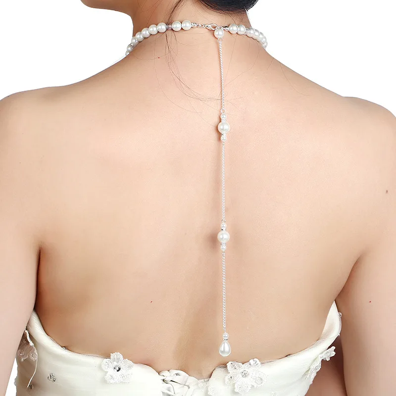 

Teardrop back necklace pendant women silver link drop back chain pearl jewelry sexy wedding bride jewelry accessories