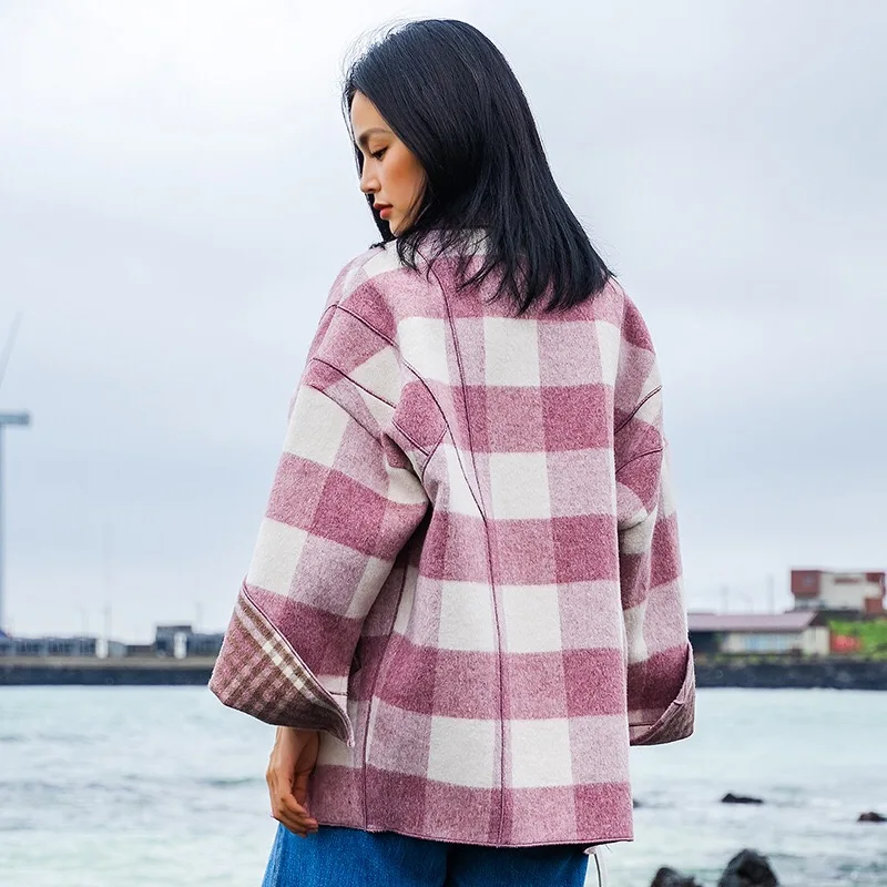 2018 Autumn Winter Original Design Gloria&ampGrace Pink Wool Vintage Plaid Print Oversize Loose Warm Coat Jacket Outerwear | Женская