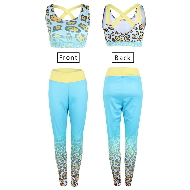 Женский спортивный костюм короткий топ с леопардовым принтом облегающие длинные