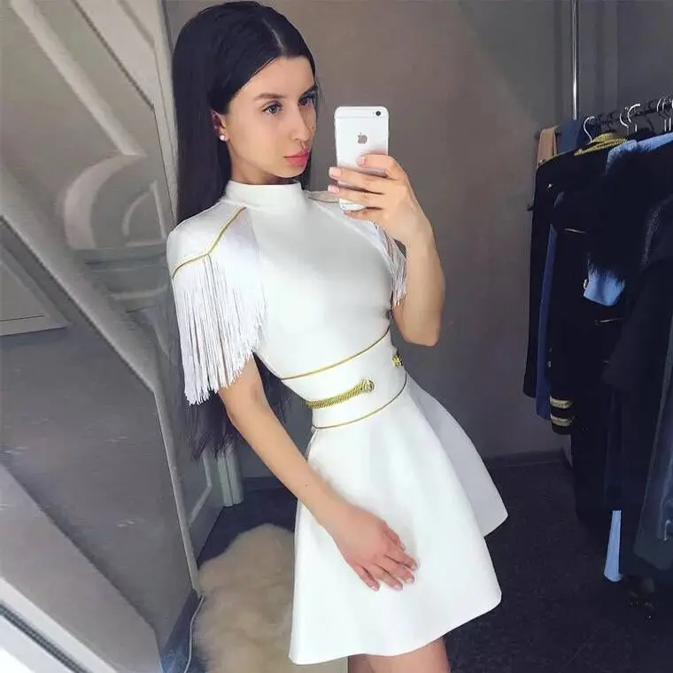 White Tassel Celebrity Sexy Elegant Night Club Fashion Bodycon Mini Euramericam Women Autumn Party Dresses | Женская одежда