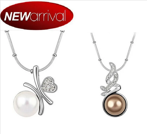 Wholesale High Quality Austrya Crystal Simulated Pearl Pendant Necklace Silver Plated Fashion Jewelry Wedding Bridal For Women | Украшения