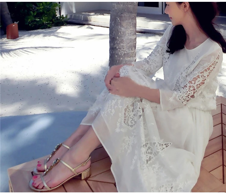 White Embroidered Silk Dress Slim Beach dress Super Fairy Holiday Woman Summer | Женская одежда