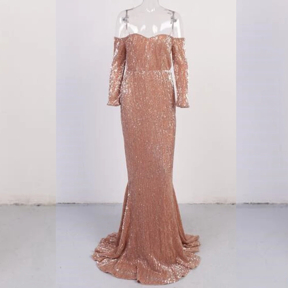 2019 Eelgant Maxi Dark Green Rose-gold blue Sequin Dress New Chic Summer Evening Celebrity Party Vestidos Off The Shoulder | Женская